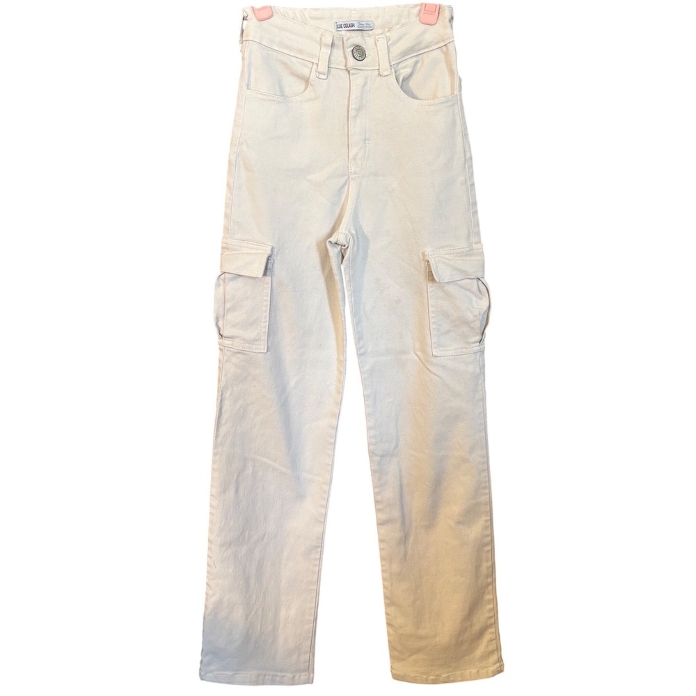 White Cargo Pants Women High Rise Straight Leg Stretch Utility Blue Colash Sz 1 - Picture 1 of 7